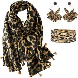 KRUIHAN 3 Pezzi Sciarpa Regali per le Donne Sciarpe Stampa Leopardo per le Donne con Orecchini e Bracciali in Pelle,Sciarpe da Donna e Wrap,Stile B-Sciarpa Donna di Marrone Set