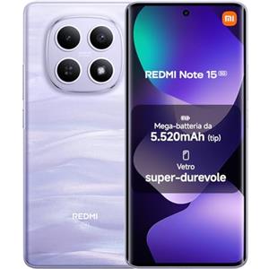 XIAOMI Redmi Note 15 5G, Smartphone 12+512GB, Design ultrasottile, Resistenza IP65, Fotocamera super nitida da 108 MP, Display FHD+ da 6,77", Viola Nebbia, Garanzia 2 anni, Caricatore non incluso