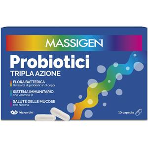 Marco Viti Massigen Probiotici - Integratore Alimentare con 10 Capsule di Fermenti Lattici Vivi, Tripla Azione, Senza Glutine e Lattosio