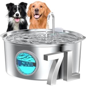GROOKPET Fontanella per Gatti Acciaio Inox: 7L/236 oz Fontanella per Cani - GROOKPET Fontana Super Silenziosa - Luce LED - Adatta a Cani di Grossa Taglia, Gatti e Famiglie con più Animali Domestici