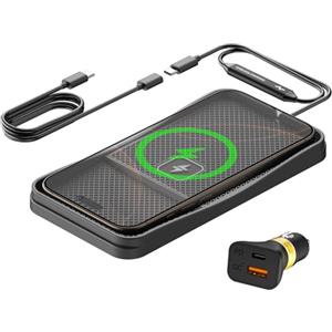 Polmxs Tappetino Ricarica Wireless Auto, 15W Caricatore Wireless Auto Tappetino Antiscivolo con Cavo USB-C da 30 cm e Prolunga da 70 cm, Compatibile con iPhone 16/15/14/13/12/11, Samsung e Google