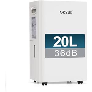 OKYUK Deumidificatore 20L/Giorno, deumidificatore casa 5.5L serbatoio d'acqua, 60 m²con spegnimento automatico Timing 24H, bagno, camera da letto, cantina.Sost. 1 anno, Garan. 10 anni. (20L Bianco)