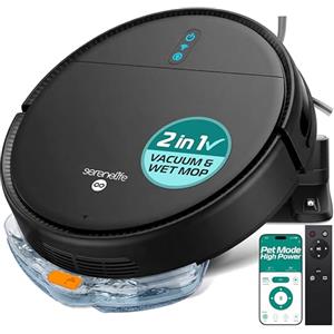 SereneLife Robottino Aspira e Lava Pavimenti, Robot Aspirapolvere, Controllo App, 3 Modalità, Sensori Anti-Caduta, Auto-Ricarica, Perfetto per Pelo Animali e Pavimenti Duri, Nero