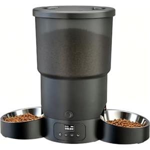 Gimars 5L Distributore Automatico Cibo Gatti 2 Ciotole in Acciaio Inossidabile, Distribuzione Uniforme, Dispenser Crocchette Gatti e Cani Programmabile da 1-6 Pasti al Giorno, Registrazione Vocale 10s