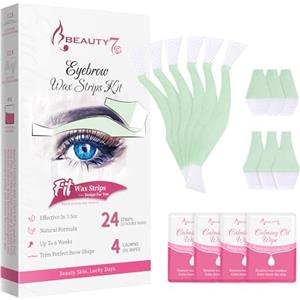 Beauty7 Strisce di Cera Depilatorie del Sopracciglio Pronte All'uso, Confezione da 24 Strisce con 4 Pezzi Salviette Detergenti Olio Beauty7