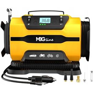 MBG line® Compressore portatile dual-power 12V/230V | Gonfiatore pneumatici auto digitale auto-Stop | Mini compressore con luce LED e borsa per casa/esterno, incl. Presta
