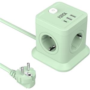FDTEK Ciabatta Multipresa Cubo, Multipresa Elettrica con 4 Prese AC e 1 USB C + 2 USB A, Multiprese con Interruttore e Protezione da Sovratensioni, Cavo 1,8 m, Adatta per Ufficio e Casa, Verde