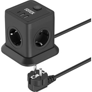 FDTEK Multipresa Cubo con Interruttore, FDTEK Ciabatta Elettrica con 1 USB C + 2 USB A e 4 Prese CA, Ciabatta Multipresa con Protezione da Sovratensioni, Cavo da 2 m, 2500W/10A, Nero
