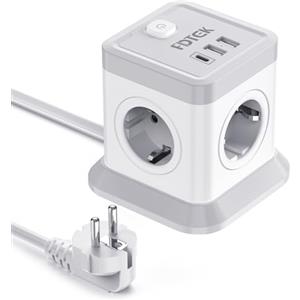 FDTEK Multipresa Cubo, Ciabatta Elettrica con 4 Prese AC e 1 USB C + 2 USB A, Ciabatta Multipresa con Interruttore e Protezione da Sovratensioni, Cavo 1,8 m, Adatta per Ufficio e Casa, 2500W/10A