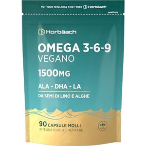 Horbäach Omega 3 6 9 Vegan 1500mg | 90 Capsule Molli Vegane | Ricco di Omega 3 | Integratore Alimentare con Acidi Grassi ALA DHA | da Olio di Semi di Lino e Olio di Alghe | Omega 369 | di Horbaach