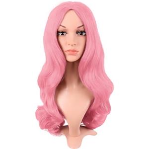 MapofBeauty 22 Pollic/55cm Lungo Profondo Onda Con Frange Sintetico Fibra Ricci Capelli Middle Cosplay Parrucche (Leggero Rosa)