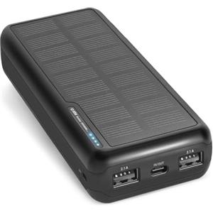 SBS Solar PowerBank, 20.000mAh, Power Bank con Pannello Solare, Ricarica Rapida, Intelligent Charge (IC), LED di Carica, USB-C, USB-A, Caricabatterie Portatile da Viaggio, Design Compatto, Nero