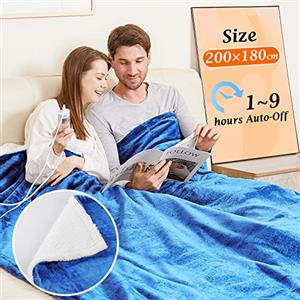 Mia&Coco Coperta elettrica riscaldata in flanella Sherpa riscaldamento rapido, 200 x 180 cm, 10 livelli di calore e timer automatico fino a 9 ore e display a LED, certificato ETL, blu