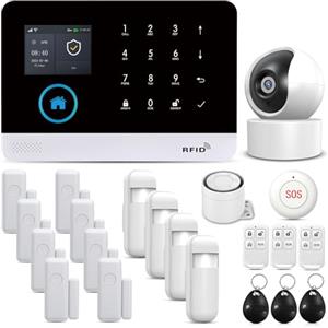 PGST Sistema di allarme Casa WIFI GSM,22 Kits Allarme Casa, con 2MP Telecamera di Sorveglianza, Sirena, Sensori Per Porta Finestre, Sensore di Movimento, Compatible App Smart Life/Tuya