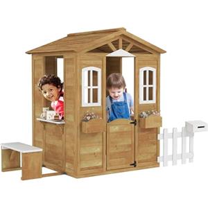 Outsunny Casetta per Bambini in Legno, Giochi da Giardino per Bambini con Finestre, Staccionata, Portavasi e Panca, 205x119x140 cm, Legno Naturale e Bianco