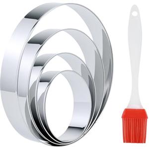 DAVIDJAMESCLARKE 4 Pezzi Cerchio Pasticceria Rotonda in acciaio inox 15/12/9,5/7,5 cm,Cornice Pasticceria Argento con Pennello silicone,Emporte Piece Rond Coppapasta Tondi,per Dolci, Fondenti