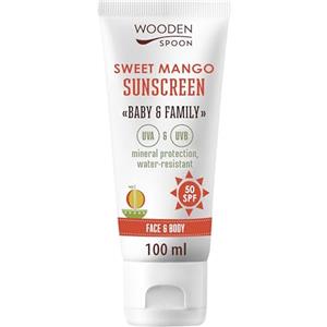Wooden Spoon Crema Solare Biologica Baby & Family "Sweet Mango" SPF 50 - 100% Naturale, Zinco Invisibile, Senza Aloni Bianchi, Ipoallergenica, Vegana, Resistente all'Acqua - 100 ml