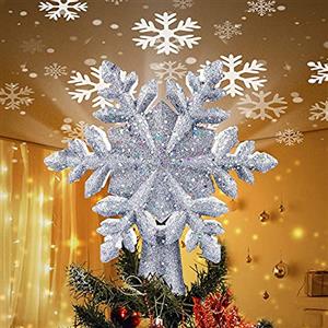 I0I&I0I Decorazione per albero di Natale illuminata con luci LED integrate per proiettori a forma di fiocco di neve, 24,4 cm con lustrini argentati, spina per interni, casa, Natale, Capodanno