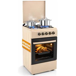 BAKAJI Cucina da Esterno Alimentazione a Gas con Forno e 4 Fuochi, Cucinino con Bruciatori e Griglie Rimovibili in Ghisa con Mobile e Accensione Ergonomica, Ideale per Esterni ed Interni (Beige)