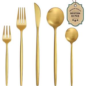 Bestdin Set di posate per 12 persone, 60 pezzi in acciaio inox con coltelli, forchette, cucchiai, lavabili in lavastoviglie, colore oro opaco