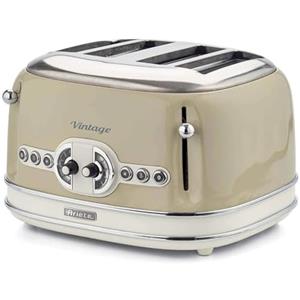 Ariete Tostapane Vintage 4 Fette 156, Tostiera con 6 Livelli di Tostatura, Espulsione Automatica, Funzione Defrost, Vassoio Raccoglibriciole Estraibile, Corpo in Acciaio Inox, 1600W, Beige