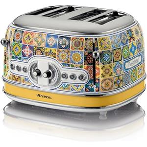 Ariete 156 Tostapane Positano, 1630W, 4 fette, 6 livelli di doratura, Vassoio raccogli briciole, Funzione defrost, Espulsione automatica, Senza pinze, Bianco e Giallo