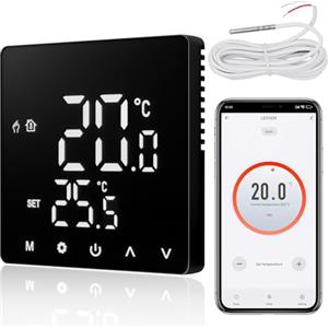 CNBINGO Termostato intelligente da incasso con sonda, termostato digitale per riscaldamento elettrico, compatibile con Alexa e Google Assistant, controllo vocale, nero con cornice in plastica