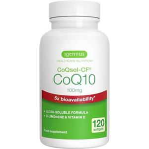 Igennus Healthcare Nutrition Integratore CoQ10, Coenzima Q10 100mg, 120 Softgels (4 mesi), Biodisponibilità 5x Superiore, Formula Ultra-Solubile CoQsol-CF, Ubichinone potenziato con vitamina E e D-Limonene, 1 al giorno - Igennus