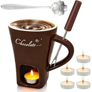 Dongcill Tazza per fonduta di Cioccolato, 200 ml, Set per fonduta di Cioccolato, in Ceramica, con forchetta e tealight - Marrone