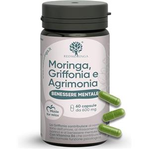 RedMoringa Ansiolitico Griffonia 5-HTP 300mg | Integratore Ansia e Stress | Precursore della Serotonina con Agrimonia Fiore di Bach, Moringa, Vitamina B6 | Unico in Italia per migliorare l'Umore - 60 Capsule