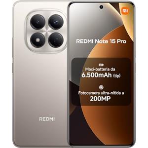 XIAOMI Redmi Note 15 Pro, Smartphone 12+512GB, Batteria massiccia da 6500 mAh, Fotocamera 200 MP, Resistenza IP65, Display AMOLED FHD+ da 6,77", Titanio, Garanzia 2 anni, Caricatore non incluso