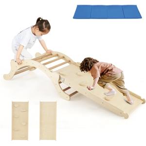 RELAX4LIFE 4 in 1 Arco da Arrampicata Montessori per Bambini, Set di Arrampicata con Scivolo e Cuscino Morbido (Naturale)