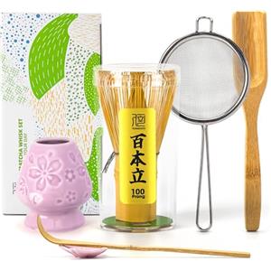 TEANAGOO Set di fruste Matcha, set tradizionale da 6 pezzi, frusta da 100 rebbi con supporto per fiori di ciliegio viola, paletta (chashaku), cucchiaino da tè, chasen in bambù, accessorio per
