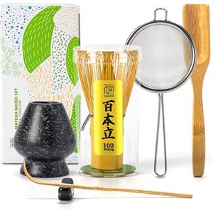 TEANAGOO Set di fruste Matcha, frusta in bambù (100 rebbi) con supporto, set tradizionale da 6 pezzi, paletta (chashaku), cucchiaino da tè, chasen in bambù per fare latte, accessorio per cerimonie