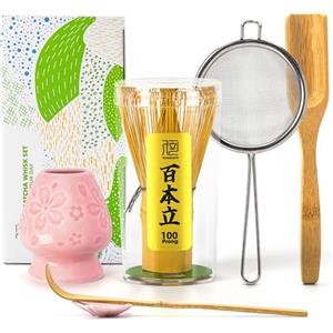 TEANAGOO Set di fruste Matcha, set tradizionale da 6 pezzi, frusta da 100 punte con supporto per fiori di ciliegio rosa, paletta (chashaku), cucchiaino da tè, chasen in bambù, accessorio per cerimonie