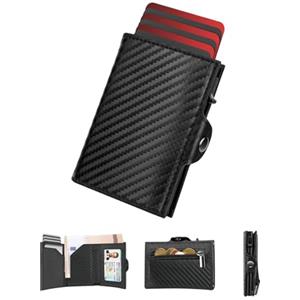 dwnkove Porta Carte di Credito Uomo, Portafoglio Uomo Slim RFID Blocking, Fibra di Carbonio Pop up Portacarte, Porta Tessere, ID Window, Tasca Portamonete con Cerniera, Scomparto per Banconota, Box Regalo