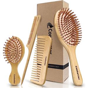 Combetter Set di spazzole e pettini in bambù naturale ecologico per massaggio del cuoio capelluto per donne, uomini e bambini-Combetter