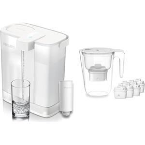 Philips Water Philips Instant Water Filter, caraffa filtrante con capacità di 3 l & Filtro caraffa Philips +6 cartucce filtranti di ricambio Micro X-Clean, flusso rapido, bianco, 2,6 litri, timer elettronico