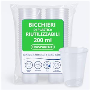 CUCY Bicchieri Plastica Trasparenti 200ml 100pz Riutilizzabili fino a 50 Lavaggi Lavabili in Lavastoviglie Senza BPA Impilabili Per Acqua Cocktail Birra Ideali per Feste Buffet Ufficio Bar Catering