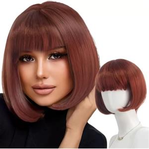 Jidyllic Parrucca marrone corta parrucca marrone con frangia alla moda, corta, liscia, piatta, per ragazze, frangia dritta, parrucca per donne per uso quotidiano