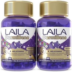 Laila DormiBene Integratore alimentare per il sonno a base di Herbal 5 Complex e Melatonina per favorire un rapido addormentamento. Confezione da 120 pastiglie gommose. Senza zuccheri
