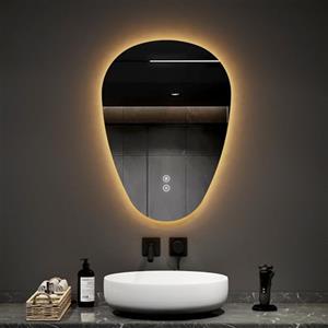 EMKE Specchio da Bagno con Illuminazione - 60 x 45 cm - Anti-Appannamento, Design Asimmetrico, 3 Colori di Luce Regolabili, Specchio LED, Interruttore Tattile, Funzione Memoria, Risparmio Energetico