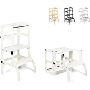 Ette Tete STEP'n'SIT® Torre Apprendimento Montessoriana Convertibile - Multifunzione 2 in 1 (Con cerniere in argento, Bianco)