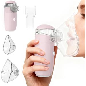 Beurer Aerosol portatile silenzioso, Aerosol bambini, Macchina aerosol adulti è dotato di due maschere facciali e boccagli, con funzione di ricarica, Aereosol adatto per la casa e i viaggi（Rosa）