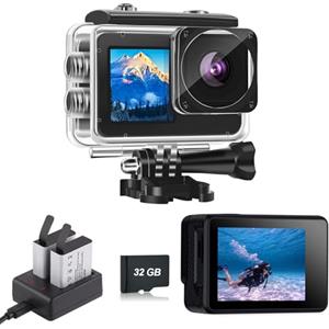 Xilecam Action Cam a Doppio Schermo Fotocamera Impermeabile Con memoria da 32GB 4*Zoom Macchina Fotografica Subacquea da 131 Piedi con Batteria 2 e Accessori Multifunzionali（nero）