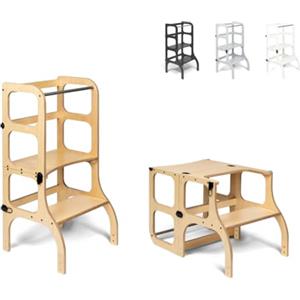 Ette Tete STEP'n'SIT® Torre Apprendimento Montessoriana Convertibile - Multifunzione 2 in 1 (Con cerniere in neri, Legno)