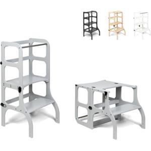 Ette Tete STEP'n'SIT® Torre Apprendimento Montessoriana Convertibile - Multifunzione 2 in 1 (Con cerniere in neri, Grigio)