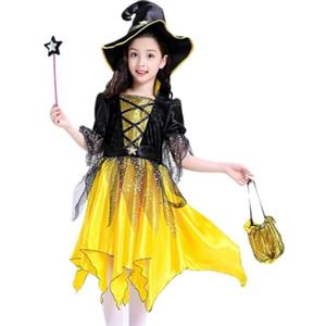 AQDJWHM Vestito Strega Bambina, Vestito Halloween Bambina, Abito da Strega Glamour per Bambinas Set, con Cappello, Bacchetta Magica e Sacchetto di Caramelle, per Halloween Carnevale Cosplay (140)