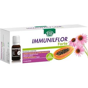ESI, Immunilflor Forte Papaya, Integratore Alimentare per Favorire le Difese Immunitarie a Base di Fermenti Lattici, Vitamina C, Sambuco e Miele, Senza Glutine, 12 Mini Drink