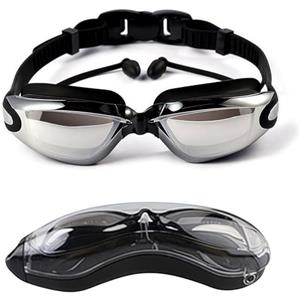 HSTWODE - Occhialini da nuoto con vista graduata, occhialini da nuoto monopezzo con tappi per le orecchie, diottrie: da -1,5 a -8,0, anti-appannamento, protezione UV, naselli intercambiabili. (Nero |